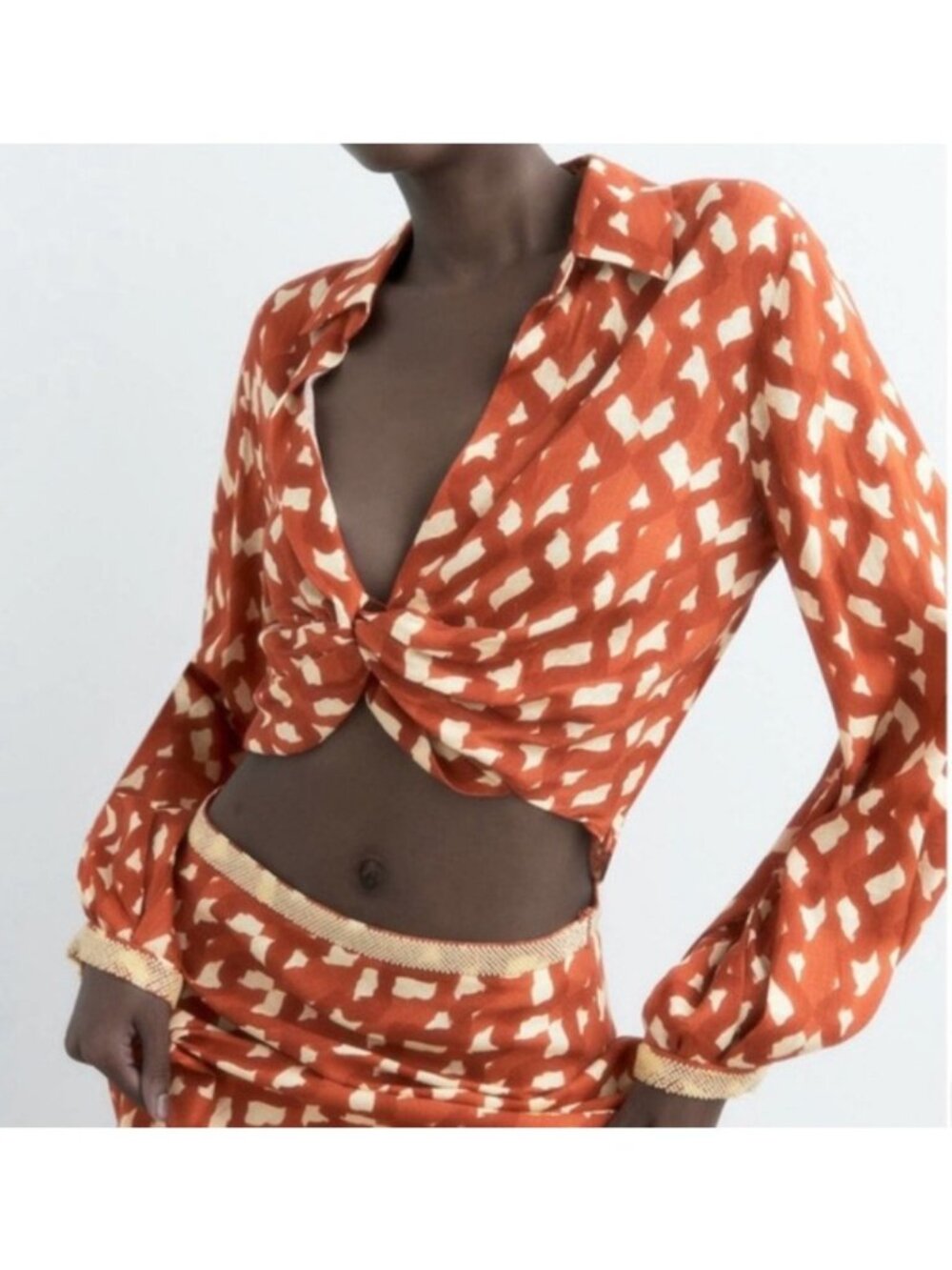 Zara‎ Linen Blend Crop Top Long Sleeve Beaded Cuffs Womens XSmall New